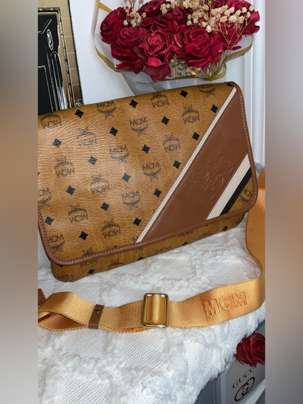 MCM Cognac Tan Visetos Logo Messenger with Brown & Cream Accents